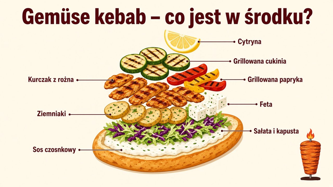 Gemüse kebab – składniki: kurczak z rożna, grillowana cukinia, papryka, ziemniaki, feta, cytryna, sałata i sos czosnkowy